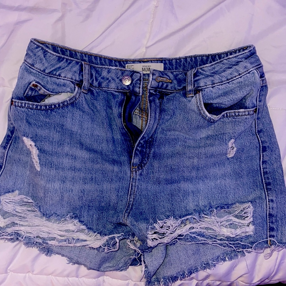 Size 12 ( US size 8) used Topshop Moto Mom light/medium wash jean shorts